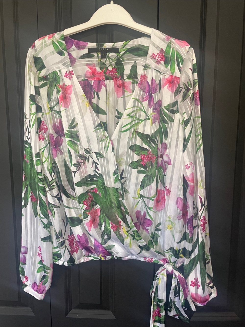 GUESS White Floral Tie-Waist Wrap Blouse with Pink & Purple Blooms